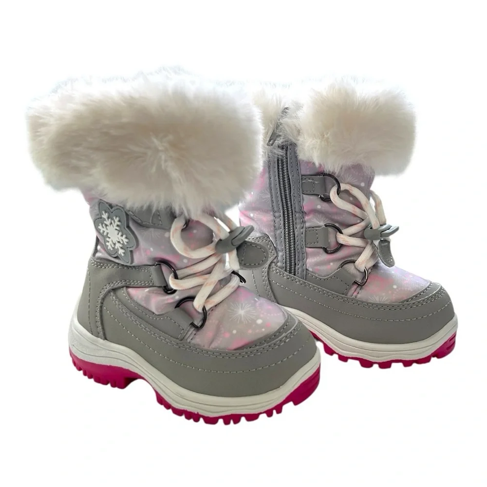 Dream Paris Girls Toddler Pink and Gray Snow Boots with Faux Fur Trim Size 4T